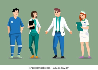 Set of doctors and nurse characters. Emergency or medical practitioners. Stop pandemic. Hero in white coat, woman or man. Medicine safety isolated. Vector illustration.