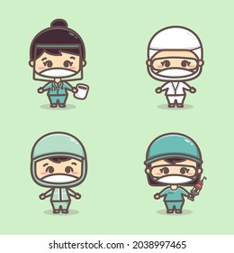 Set of doctors, nurse and medical worker wear mask fighting Covid-19. Vector cartoon character illustration.
