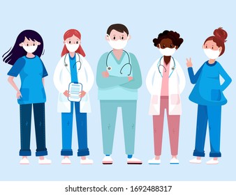 Set Doctors and nurse in protection masks during pandemic. A group of therapist, surgeon, and hospital workers are fighting the virus.
