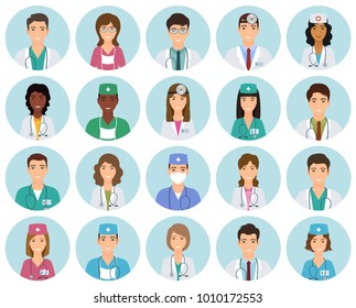 Set of doctors and nurses avatars in uniform in circle frames. Collection of medicine employee faces in circles. Medical men and women portfolio avatars. Vector illustration.