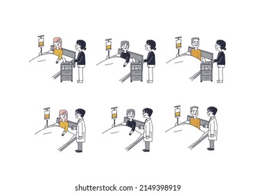 Un conjunto de doctores y enfermeras llamando a los pacientes internados, figuras cómicas dibujadas a mano, vector, arte de línea y color
