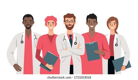 Set of doctors and nurses cartoon characters whith friendly smiles