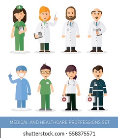 Set of doctors and nurses and medical staff illustration. Medical team concept in flat design people character.