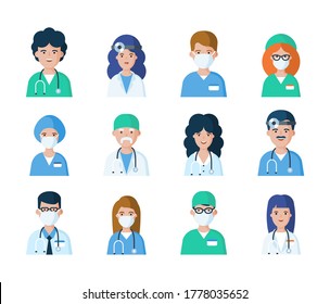 Set of doctors nurses and other hospital employees avatars. Flat vector characters illustration. Medical staff faces in cartoon style