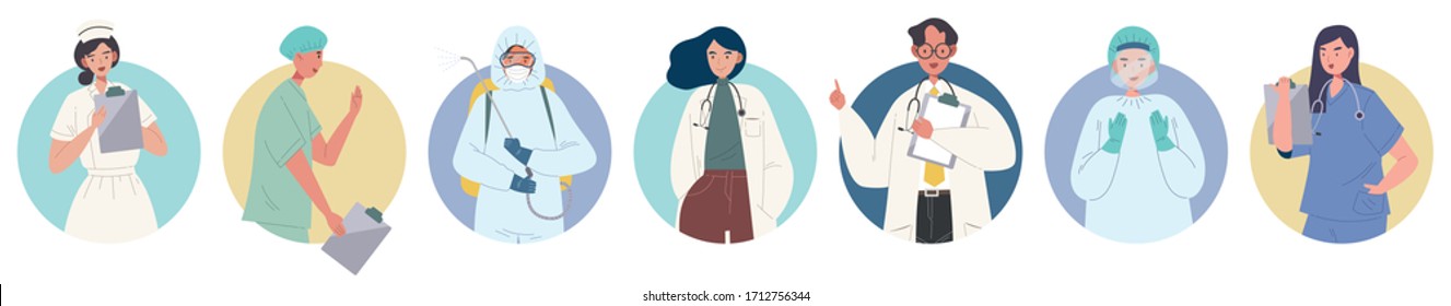 Set of doctors, nurses and paramedics avatar, flat style vector illustration of medical staff. Concept of hospital craw avatar, group of medical care. Representative of medical people.