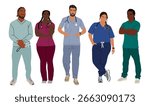 Set of doctors, nurses, paramedics. Different male and female medic workers in uniform with stethoscopes. Flat cartoon vector illustration isolated	
