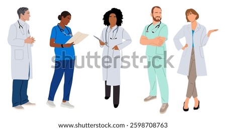 Set of doctors, nurses, paramedics. Different male, female medic workers in uniform scrubs and lab coats, with stethoscopes. Vector illustrations isolated on white background
