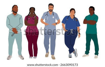 Set of doctors, nurses, paramedics. Different male and female medic workers in uniform with stethoscopes. Flat cartoon vector illustration isolated	