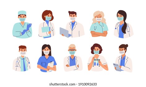 Grupo de médicos, enfermeras y paramédicos con máscaras faciales. Retratos de hombres y mujeres trabajadores médicos uniformados con laptop, estetoscopios y guantes. Ilustración vectorial plana aislada en fondo blanco