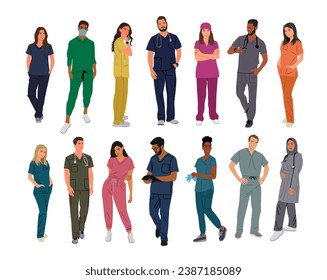 Set of doctors, nurses, paramedics. Multiracial, multicultural team of medic workers in uniform scrubs. Flat cartoon vector illustration isolated on white background.