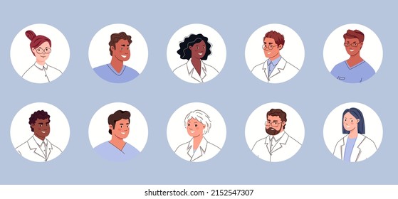 Set of doctors, nurses and paramedics. Portraits of male and female medical workers in uniform. Flat cartoon vector illustration.
