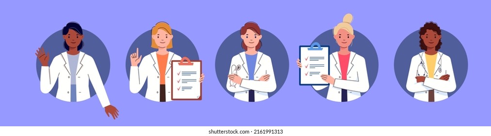 Set of doctors, nurses and paramedics. Portraits offemale medical workers in uniform. Flat cartoon vector illustration.