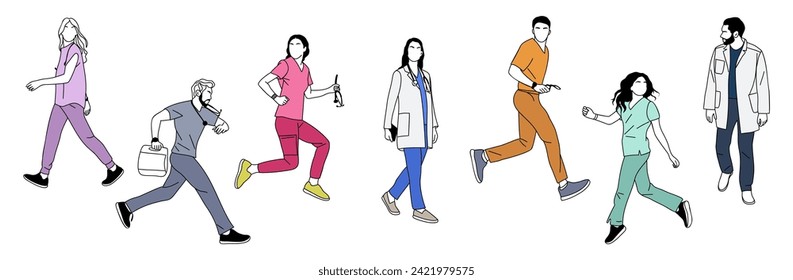 Set of Doctors, nurses, paramedics running vector.