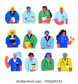 Set of doctors and nurses portraits isolated on white background. Collection of hand drawn male and female medical workers in uniforms. Positive healthcare staff in flat style. Vector illustration