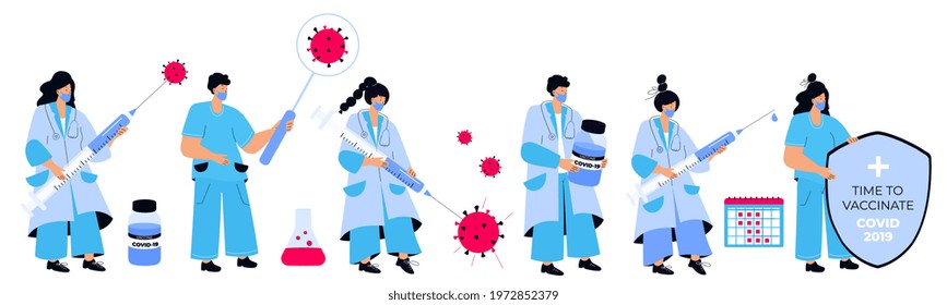 Set of doctors and nurses with vaccine for coronavirus COVID-19. Vaccination campaign. Time to vaccinate.