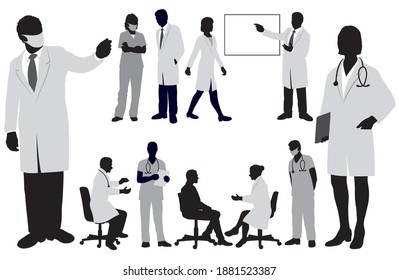 Conjunto De Médicos Y Enfermeras. Ilustración De Silhouette Vectora Aislada Sobre Un Fondo Blanco. 