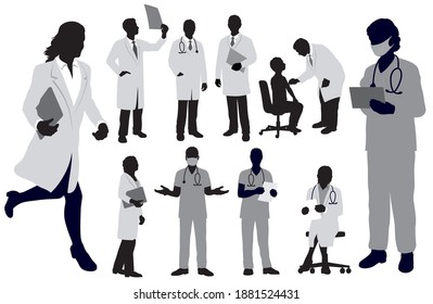 Set Of Doctors And Nurses. Vector Silhouette Illustration Isolated On A White Background. 