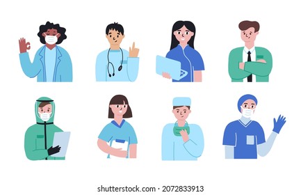 Set Of Doctors And Nurses Wearing Face Mask Isolated On White. Flat Vector With Female, Male Healthcare Professionals. Hand Drawn Vector Of Medicine Workers With Stethoscope.