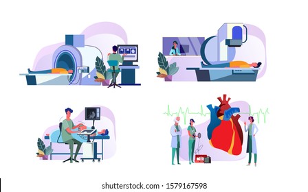 Set of doctors operating medical equipment examining patients. Diagnostic MRI tomograph, ultrasound scanner, X-ray machine scanning people. Heart cardiogram. Medicine, health flat vector illustration