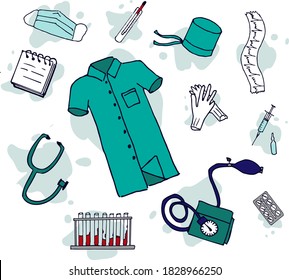 conjunto de doctores, overoles, diagnósticos, medicina de color contorno sobre el fondo de las manchas multicolores acuarelas