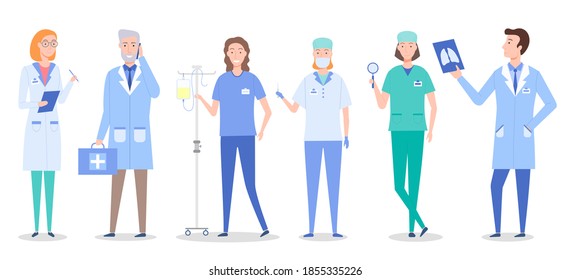 Set of doctors and patient cartoon characters. Medical staff team concept in hospital. Health professional team, doctors and assistants in dressing gowns with stethoscope on white background