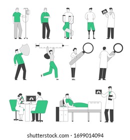 Set of Doctors and Patients Characters. Handicapped People with Leg Fracture and Prosthesis, Dropper Treatment and Mri Scanner. Sick Person Laying in Medical Clinic Chamber. Linear Vector Illustration