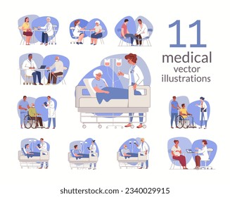 Set of doctors and patients characters. Medical care for elderly and disabled, pregnancy management, diagnosis and treatment. Healthcare concept. Vector flat cartoon illustration.