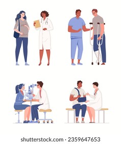 Conjunto de caracteres médicos y pacientes. Atención médica para personas con lesiones, manejo del embarazo, diagnóstico y tratamiento. Concepto de salud para adultos. Ilustración de dibujos animados planos vectores.