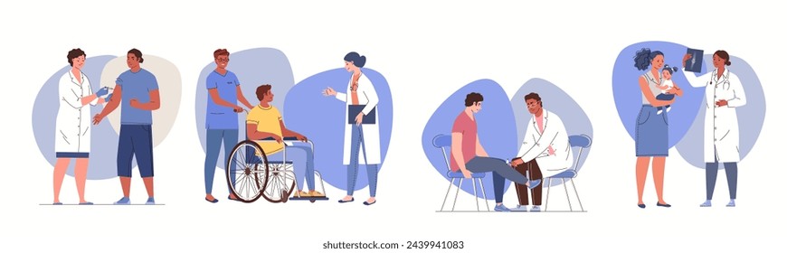 Set of doctors and patients characters. Traumatology medical care, pediatrics, diagnosis and treatment, vaccination. Concept of healthcare for children and adults. Vector flat cartoon illustration.