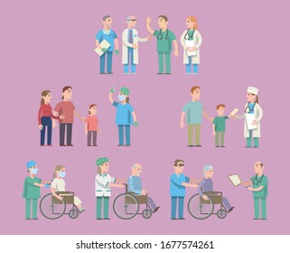 A set of doctors with patients: dad, mom and child, dad with a boy, doctors in medical uniform transport patients in wheelchairs. Assembling doctors men and women. Flat vector illustration.