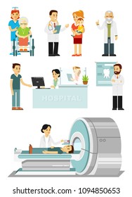 Set of doctors and patients in different situation. Medical staff and illness people in hospital. Consultation, medical diagnosis and treatment. Vector illustration in flat style isolated