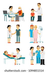 Conjunto de médicos y pacientes en situación diferente. Personal médico y enfermos en el hospital. Consulta, diagnóstico y tratamiento médico. Ilustración del vector aislada en estilo plano