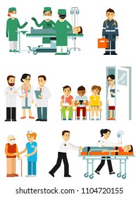 Set of doctors and patients in different situation. Medical staff and illness people in hospital. Consultation, medical diagnosis and treatment. Vector illustration in flat style isolated