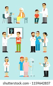 Set of doctors and patients in different situation. Medical staff and illness people in hospital. Consultation, medical diagnosis and treatment. Vector illustration