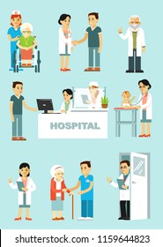 Conjunto de médicos y pacientes en situación diferente. Personal médico y enfermos en el hospital. Consulta, diagnóstico y tratamiento médico. Ilustración del vector