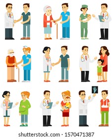 Set of doctors and patients in different situation. Medical staff and illness people in hospital. Consultation, medical diagnosis and treatment. Vector illustration in flat style isolated