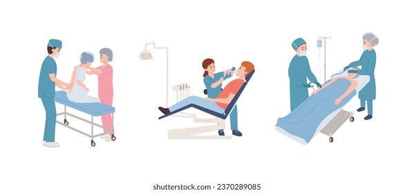 Set of doctors and patients flat style, vector illustration isolated on white background. Decorative design elements collection, teeth treatment, doctor, anesthesiologist and nurse