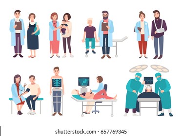 Set of doctors and patients in polyclinic, hospital. Visit to therapist, pediatrician, gynecologist, surgeon. medical services: ultrasound diagnostics, x-ray, surgery. Vector cartoon illustrations.