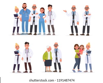 Set of doctors. Pediatrician with mother and child, a team of hospital staff, a couple of medical professionals, healthcare worker and an elderly patient. Vector illustration in cartoon style