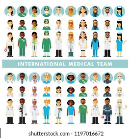 Set of doctors people and avatars. International medic team. Group of doctors, nurses, medical staff. Medical consultation and diagnosis