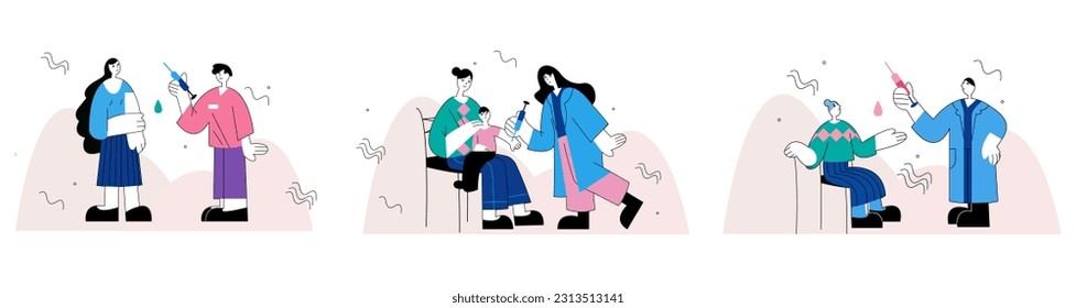 Grupo de médicos con ropa protectora con jeringa y vacunan a los pacientes. Protección contra enfermedades para adultos y niños. Es hora de vacunarse. Ilustración vectorial en colores azules