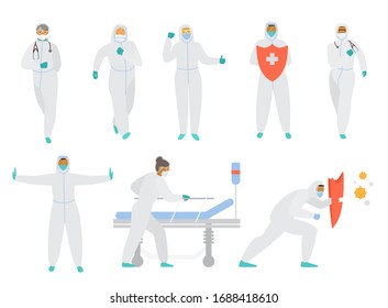  Ärzte in Schutzhülsen, Masken, Brillen und Handschuhen in verschiedenen Posen, mit Schild und medizinischem Bett. Flache Vektorillustration.