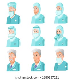 Set of doctors or scientists clothed in different chemical or virus protection suit, masks and gas masks