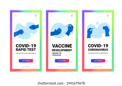 set doctors or scientists hands holding covid-19 nasal swab syringe and bottle vial and rapid test coronavirus pandemic