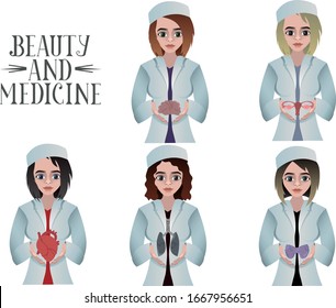 Set of doctors. Specialists hold different organs. Gynecology and endocrinology. Neurology and psychiatry. Cardiology and pulmonology. Health and beauty. Medical logo. Design for posters.
