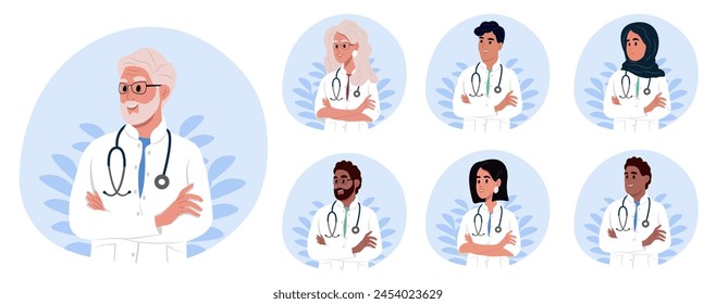 Set of doctors with stethoscope. Smiling therapist, general practitioner with crossed arms. National Doctors' Day.