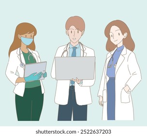 Eine Reihe von Ärzten. Therapeut, Sanitäter, Krankenschwester, Mediziner Uniform mit Stethoskopen arbeiten im Gesundheitssektor, halten Computer-Tablet. Handgezeichnete, flache Cartoon-Figur, Vektorgrafik.