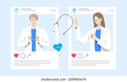 Set of doctors thumbs up in social media post. Healthcare and medical concept. Hand draw style. Vector illustration.