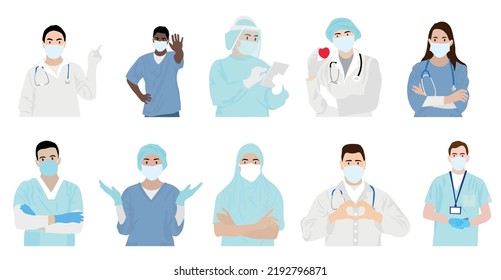 Set of doctors wearing medical masks on white background