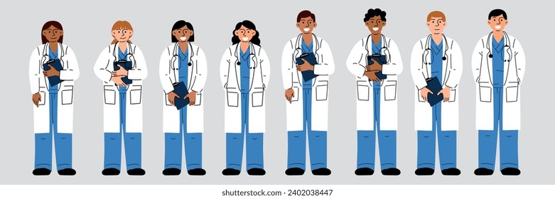 Un conjunto de médicos con abrigos blancos. Hombres y mujeres uniformados, con documentos. Enfermeras, un doctor. uniforme médico. Una colección de varios médicos uniformados, con y sin documentos a plena altura es